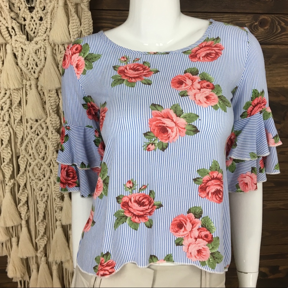 Free Kisses | Ruffle Bell Sleeve Floral Striped‎ Blouse